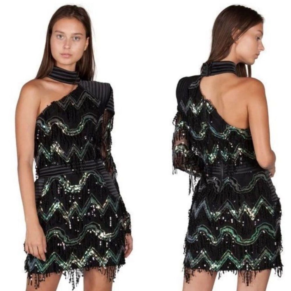 Zhivago One Shoulder Dress with Black and Green Zigzag